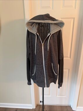 Women's Dark Gray Zip-Up Hoodie with Contrast Sleeves